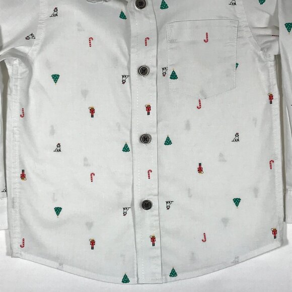Cat & Jack Boy's 3T White Button Up Long Sleeve All Over Print Christmas Shirt - Picture 4 of 9